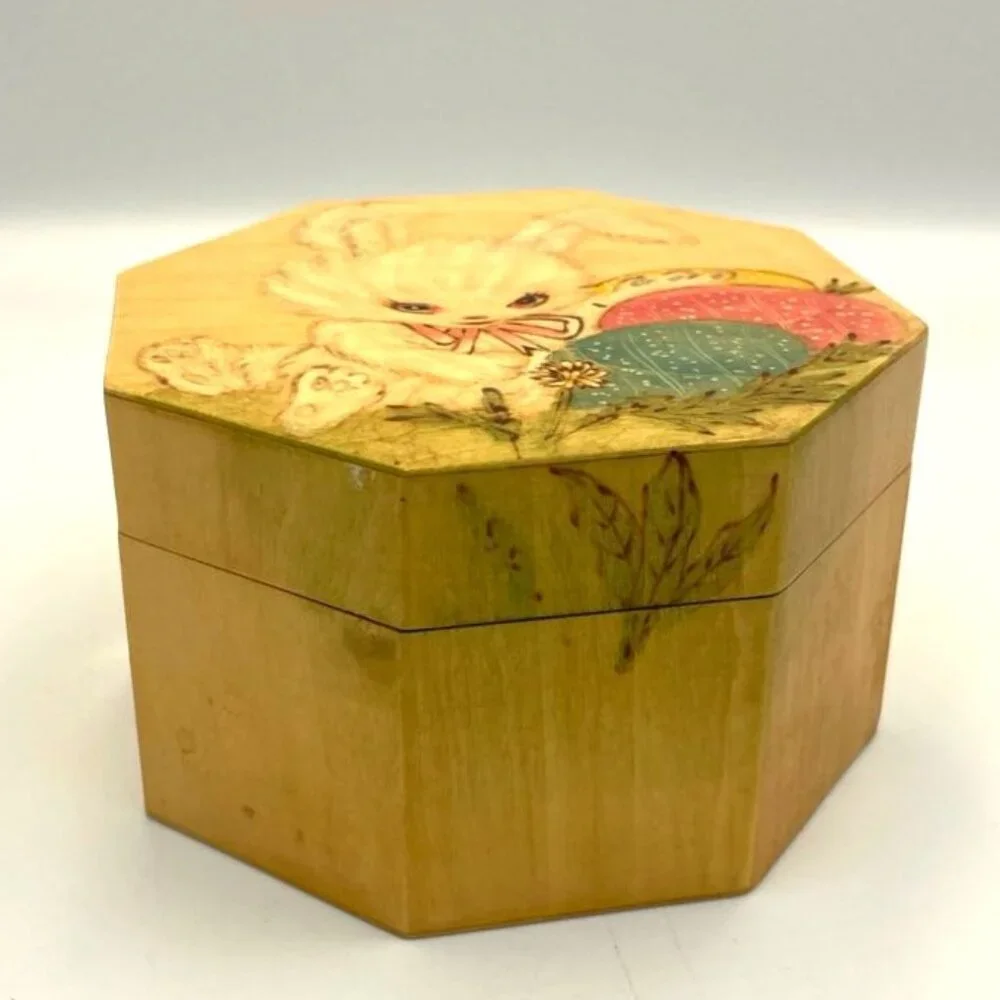 Vintage Octagonal Wooden‎ Trinket Storage Box Bunny Rabbit Easter Eggs